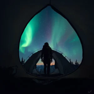 View looking out of a camping tent and seeing the northerm lights during the Outdoor Tech Lab testing campout in 2025