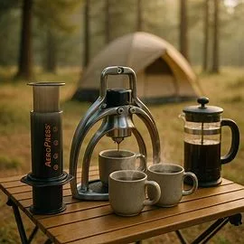 Off-grid camping tech coffee brewing setup with manual coffee makers in outdoor setting for test by outdoor tech lab team