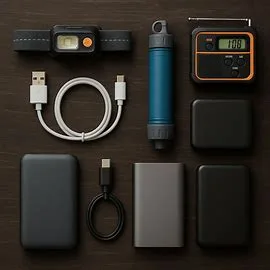 Essential off-grid camping tech kit gadgets and rechargeable accessories flat lay arrangement