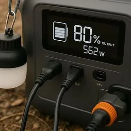 Off-grid camping tech power management system displaying battery levels and energy usage