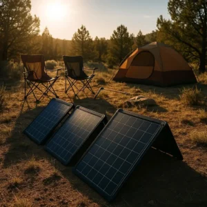 Portable solar panel off-grid camping tech  kit setup positioned for maximum sun exposure
