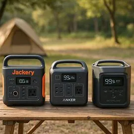Off-grid camping tech kit power station comparison showing three top-rated portable batteries