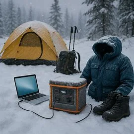 Winter off-grid camping tech kit setup showing cold weather power management strategies