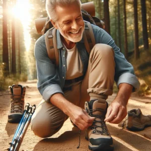 Senior hiker testing best hiking gear for seniors - comfortable boots and trekking poles for older adults