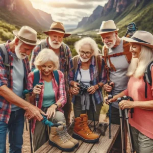 Hiking gear for seniors - group of older adults preparing for a safe trail adventure