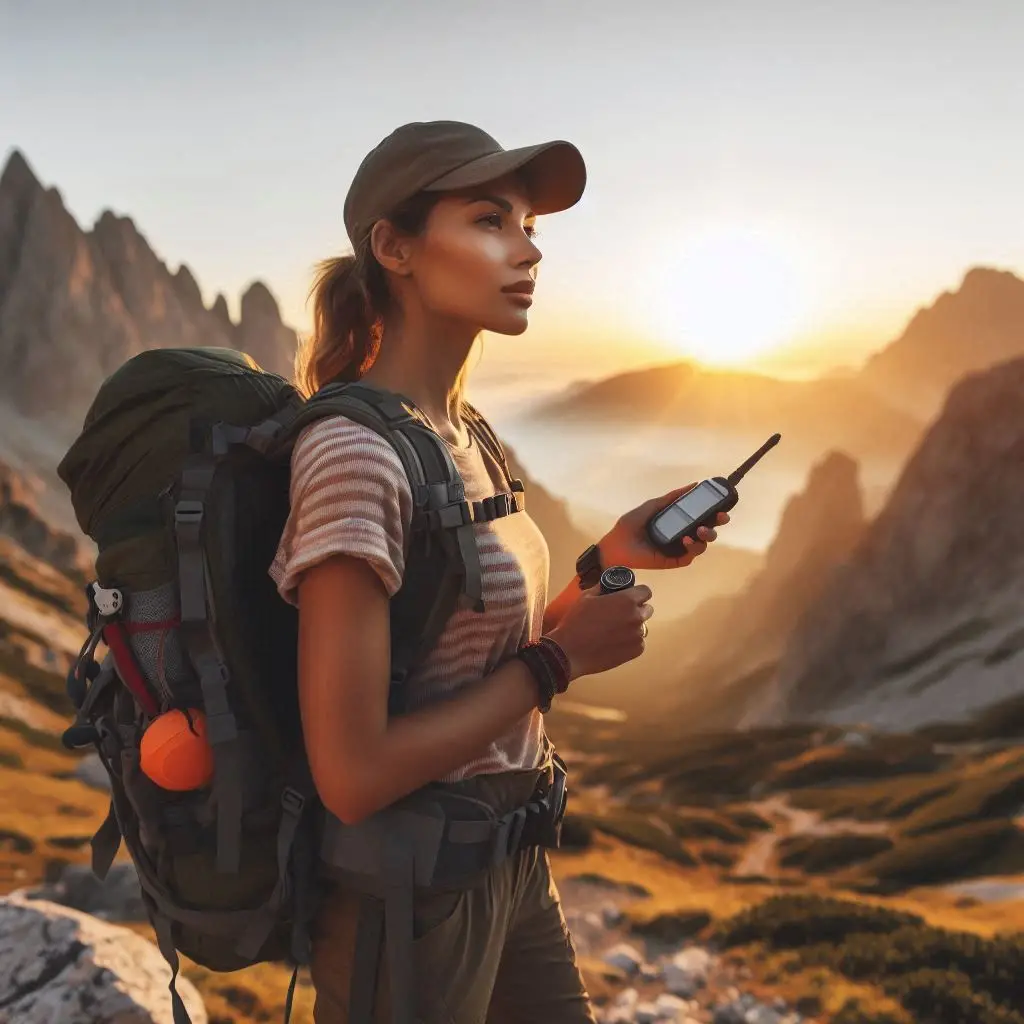 Solo female hiker with safety gear including GPS and emergency beacon on mountain trail - essential solo female hiking safety gear