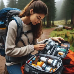 Solo female hiker packing essential safety gear before trail - complete solo female hiking safety gear preparation