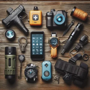 Complete solo female hiking safety gear kit including PLB, pepper spray, and emergency devices laid out for review