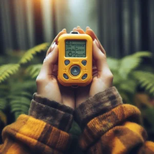 Female hiker holding personal locator beacon PLB - critical solo female hiking safety gear for emergencies