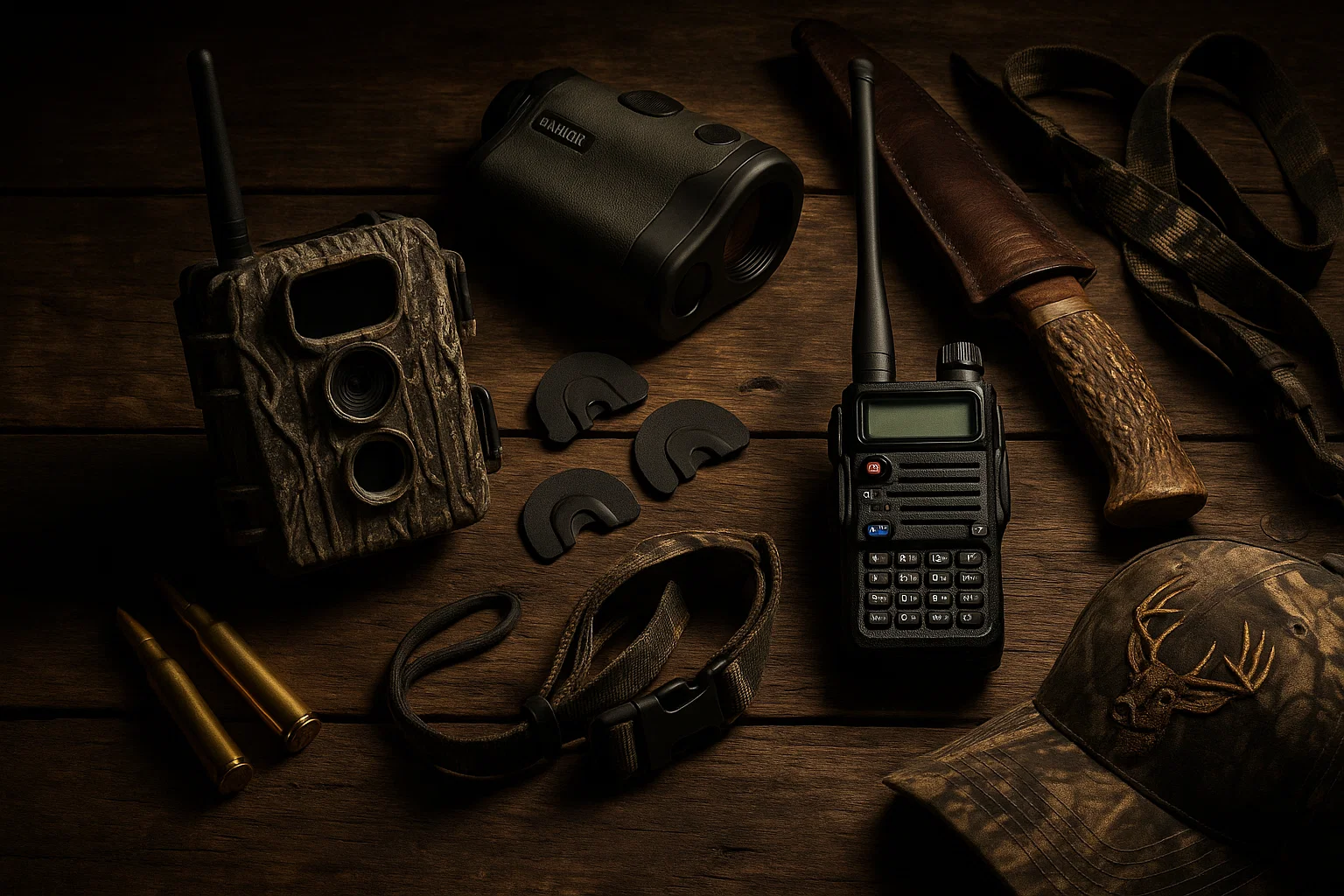 Best deer hunting gear for 2025 including trail cameras and essential hunting equipment on wooden background