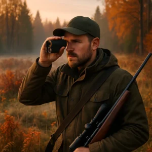 Hunter using rangefinder deer hunting gear for accurate shot placement in forest