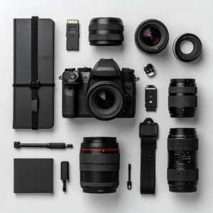 Mirrorless camera kit contents showing included accessories and kit lens