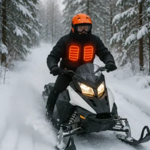 Snowmobiling with best cold weather gear Michigan heated jacket for winter trail protection