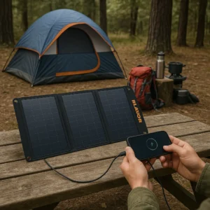 Best solar power bank for camping field test showing BLAVOR in real outdoor camping scenario with tent and gear
