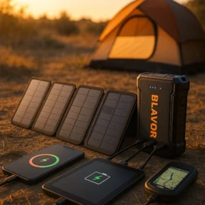BLAVOR solar power bank review showing 20000mAh portable charger with 4 foldable solar panels and charging cables