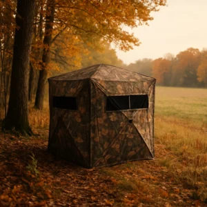 Hunting blind deer hunting gear positioned for optimal deer watching in Michigan forest