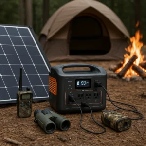 Portable power station charging essential deer hunting gear electronics at hunting camp