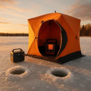 Michigan ice fishing setup with best cold weather gear including portable power station and heated shelter