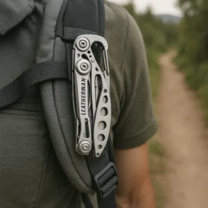 Leatherman Skeletool minimalist best multitool clipped to hiking pack demonstrating everyday carry versatility 