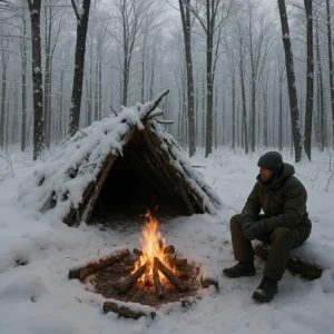 Wilderness survival skills applied in Michigan Great Lakes region showing forest shelter and cold weather techniques