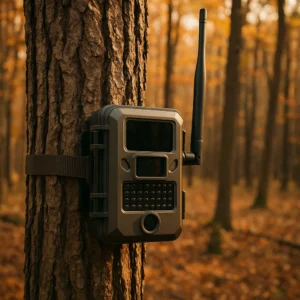 Cellular trail camera mounted on tree for deer hunting gear scouting in Michigan forest