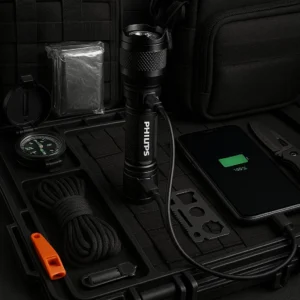 Philips tactical flashlight with reverse charging capability in emergency preparedness kit