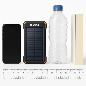 Portable solar power bank size and weight comparison showing BLAVOR dimensions against everyday objects for scale