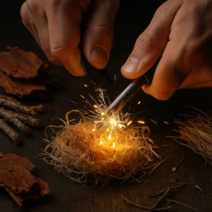 Wilderness survival skills fire making demonstration using ferro rod technique with tinder and kindling preparation