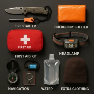Complete wilderness survival skills kit showing the Ten Essentials gear layout for emergency preparedness
