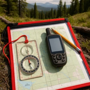 Essential wilderness survival skills navigation tools including topographic map, compass and GPS for backcountry wayfinding