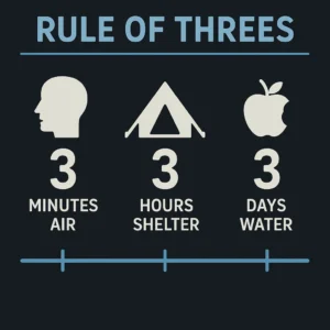 Wilderness survival skills priority chart showing the Rule of Threes framework for emergency decision making