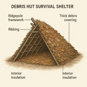 Step-by-step wilderness survival skills demonstration of debris hut shelter construction using natural materials