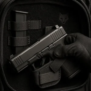 Close-up detail of the dedicated CCW compartment in the Wolf Tactical Backpack.