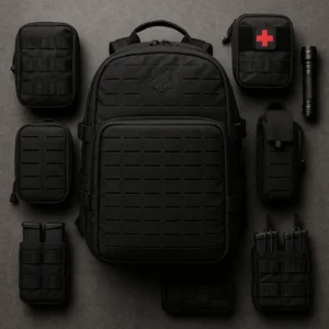 Wolf Tactical Backpack with MOLLE webbing configured with tactical pouches and accessories.