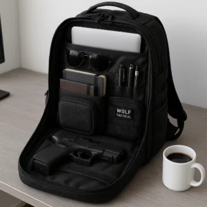 Urban EDC loadout featuring a laptop and gear inside the Wolf Tactical Backpack.