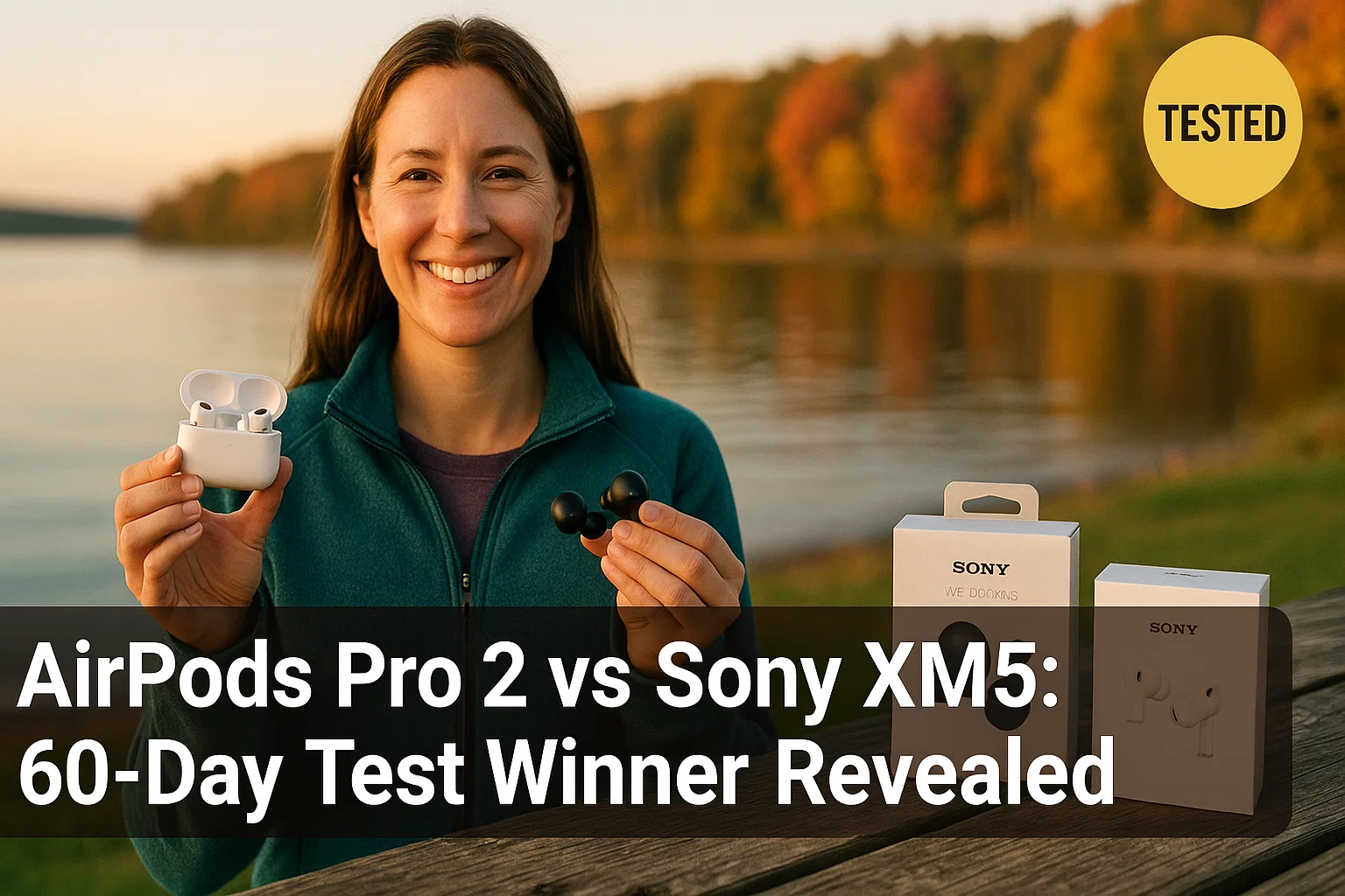 Woman comparing AirPods Pro 2 vs Sony WF-1000XM5 wireless earbuds during outdoor field testing in Northern Michigan by Outdoor Tech Lab.
