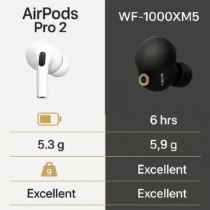 Quick comparison infographic: AirPods Pro 2 vs Sony WF-1000XM5 specifications and features at a glance