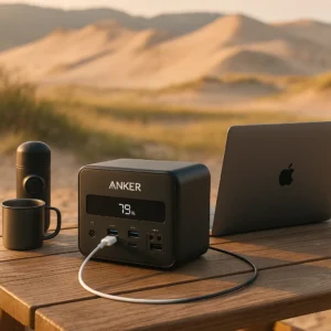 Anker 521 PowerHouse 256Wh portable power station charging laptop during camping trip with 10 year battery life