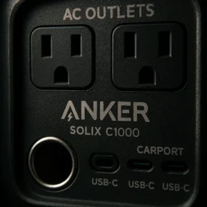 Close-up view of the Anker Solix C1000's outlet panel, showing its variety of ports and build quality.