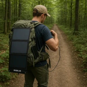 Backpacker using portable solar camping gear charger on hiking trail to charge devices