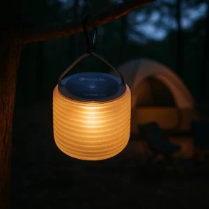BioLite Luci Charge 360 solar camping gear lantern illuminating campsite at night with 360 lumens