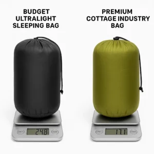 Budget versus premium ultralight sleeping bags comparison showing weight and pack size differences