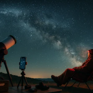 Complete stargazing gear for camping including telescope, heated blanket, power station and red light under pristine night sky