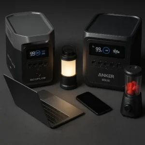 Side-by-side comparison of the EcoFlow Delta 2 and Anker Solix C1000 portable power stations.