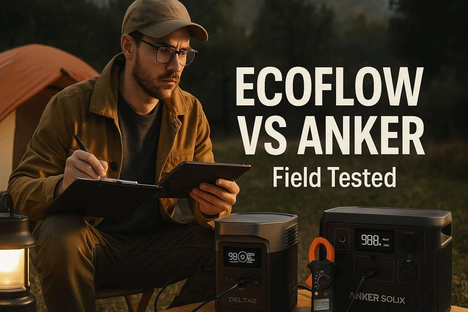 Outdoor Tech Lab expert field testing EcoFlow vs Anker portable power stations at a campsite with measurement equipment.