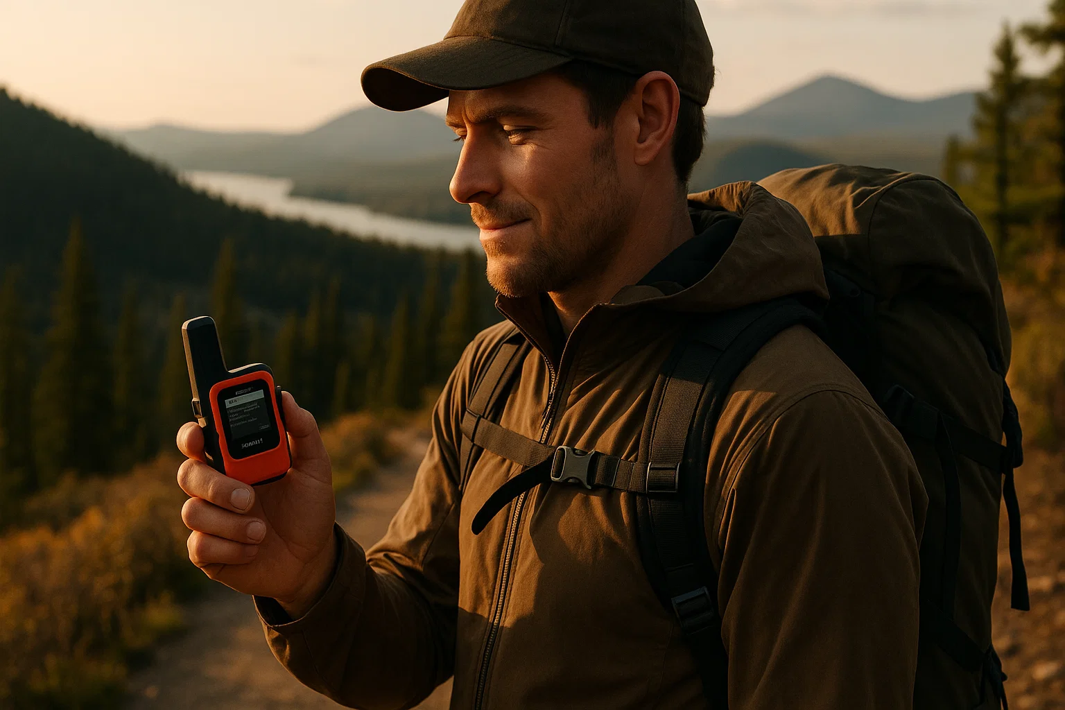 Hiker using Garmin inReach Mini 2 satellite communicator on Michigan wilderness trail for Outdoor Tech Lab test