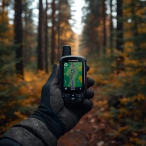 Garmin inReach Mini 2 TracBack navigation feature showing breadcrumb trail in forest
