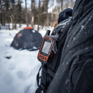 Garmin inReach Mini 2 cold weather testing in Michigan winter conditions with snow and frost by the Outdoor Tech Lab team