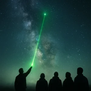 Green astronomy laser pointer with visible beam helping identify constellations during group stargazing