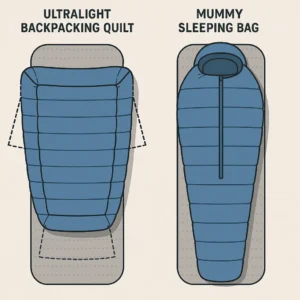 Ultralight hiking quilt versus sleeping bag comparison showing design differences for backpacking